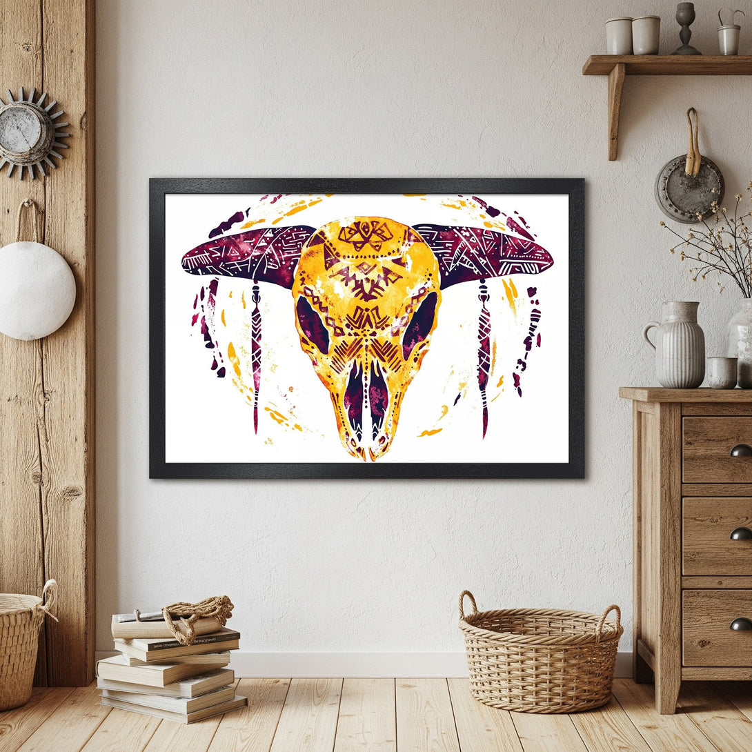 Framed Poster featuring a watercolor tribal skull art print. Bohemian style with yellow, purple, and white color palette. Home decor wall art.