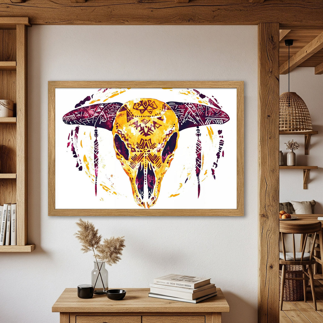 Framed Poster featuring a watercolor bull skull in yellow, purple, and orange. Boho style art for your home decor.