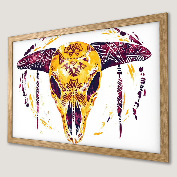 Framed Poster featuring a watercolor skull in tribal style with yellow, burgundy, and white hues. Perfect wall art!