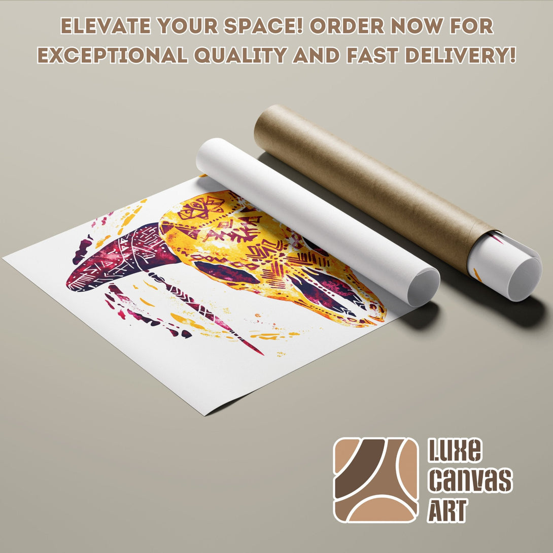Poster Roll featuring a tribal skull art print in yellow, red, and white. Elevate your space with Luxe Canvas Art!