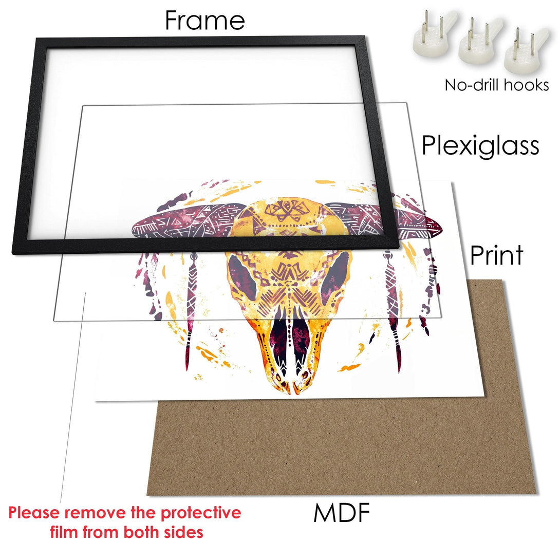 Framed Poster featuring a watercolor tribal skull art print. Earthy tones of yellow, burgundy, and orange. Add unique wall decor!