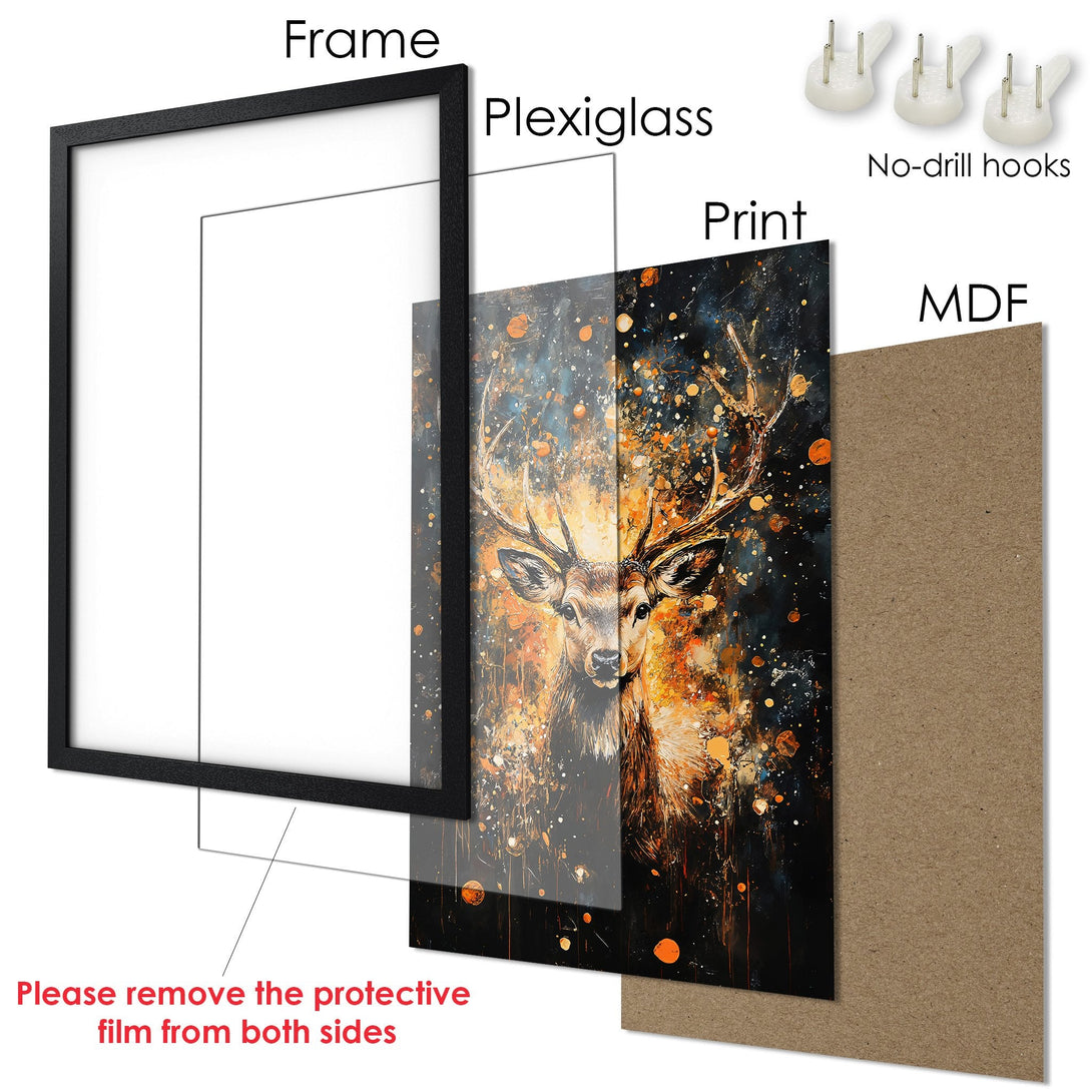 Framed Poster featuring a majestic deer in an abstract style with a warm, vibrant color palette. Perfect wall art!