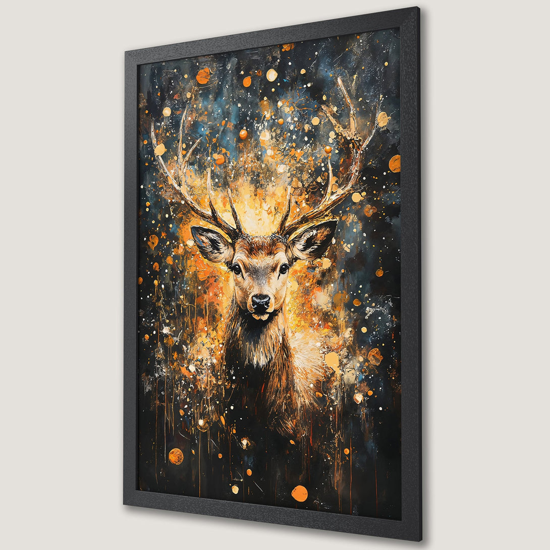 Framed Poster featuring a majestic deer in an abstract style with a warm, orange and blue color palette. Perfect wall art!