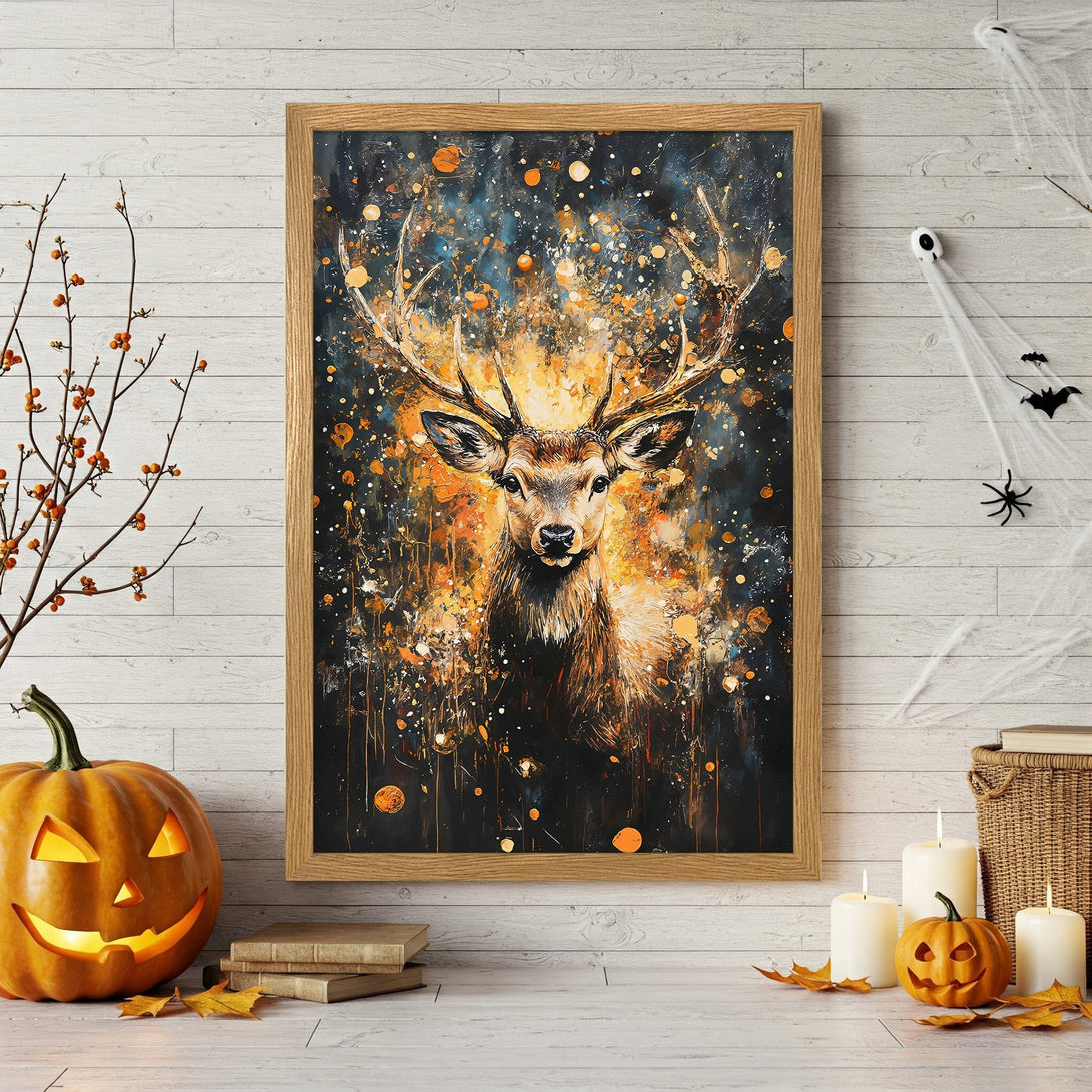 Framed Poster featuring a deer in an abstract style with a dark, orange and gold color palette. Perfect Halloween decor!