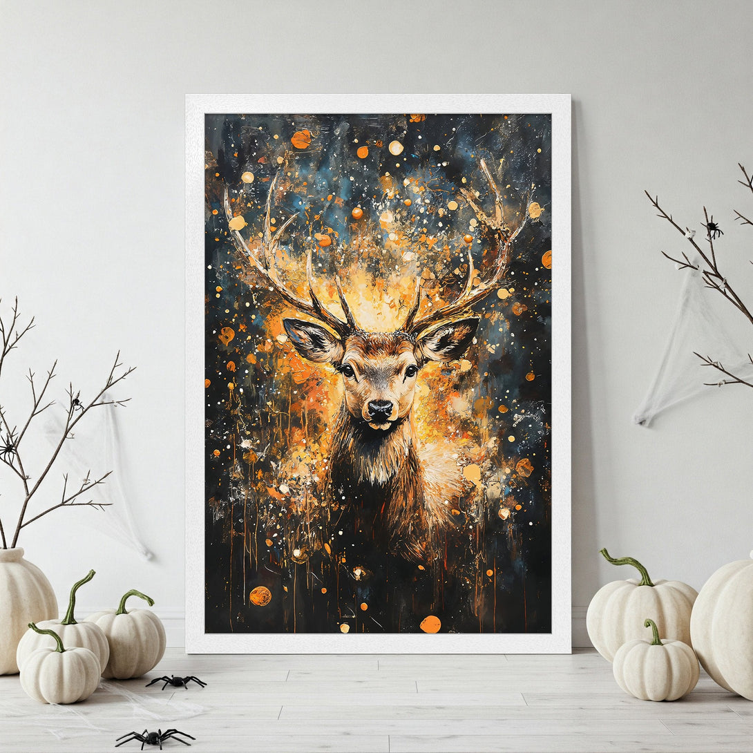 Framed Poster featuring a majestic deer in an abstract style with a warm, orange and black color palette. Perfect wall art!