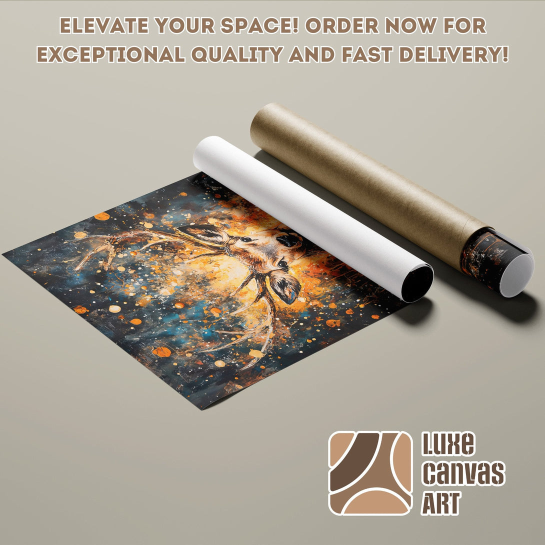 Deer art poster roll, abstract style, blue, orange, and brown color palette. Order now!