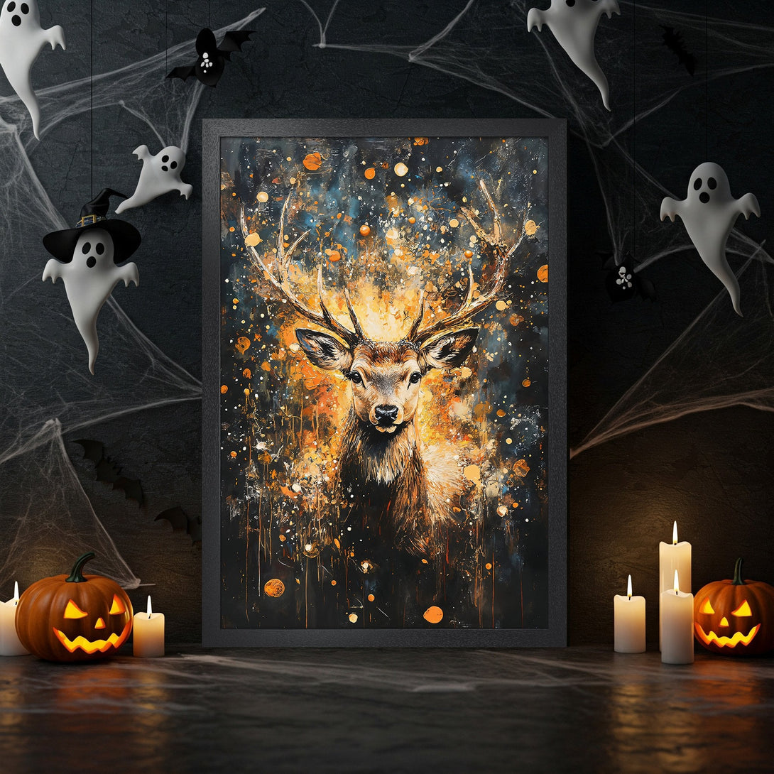 Framed Poster featuring a majestic deer in an abstract style with orange and blue hues. Perfect Halloween decor.