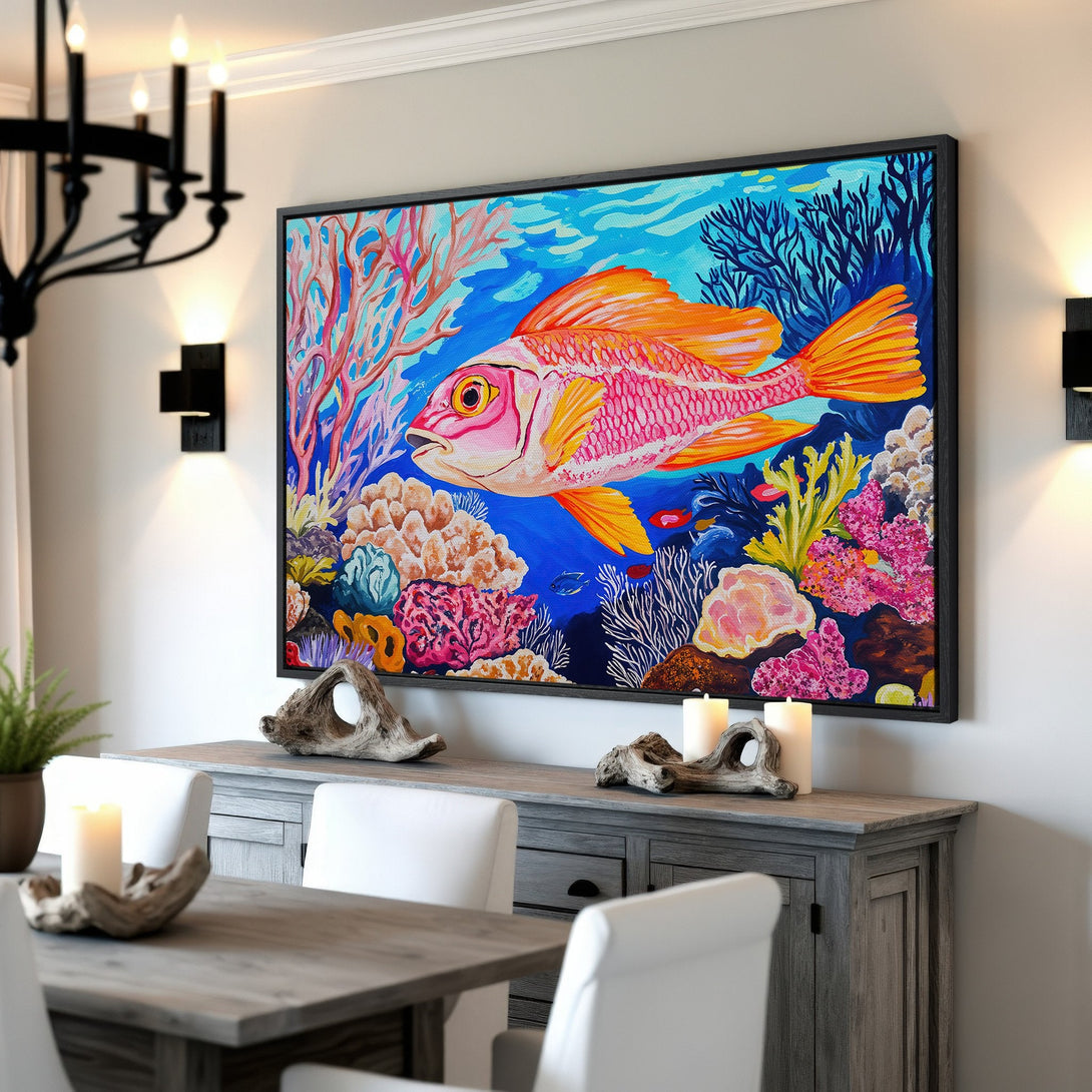 Framed Wall Art: Vibrant underwater scene with a colorful fish. Bold blues, pinks, and oranges create a stunning focal point for any room. Bring coastal vibes home!