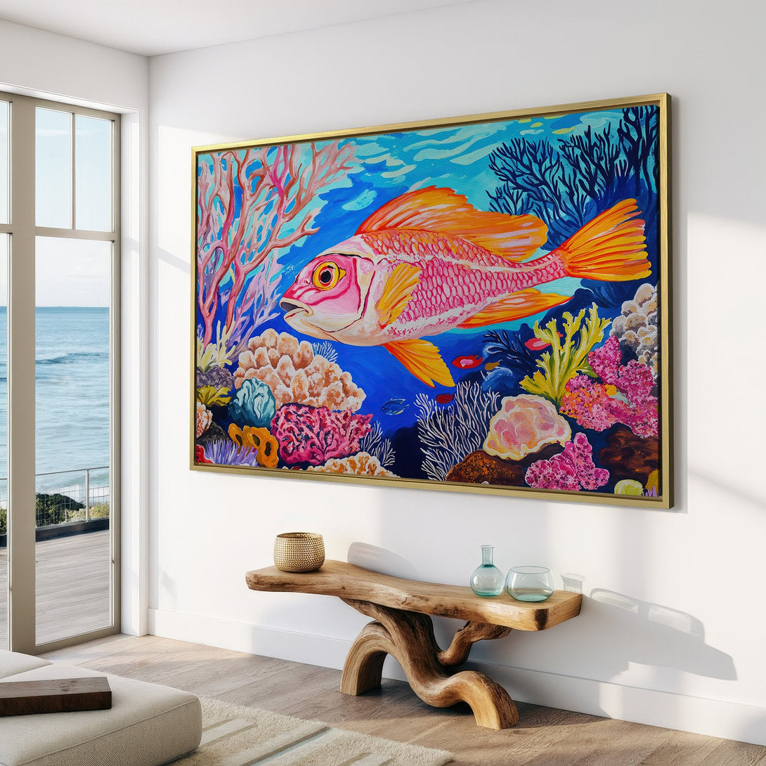 Vibrant Canvas Print featuring a colorful fish in an underwater scene. Modern art with a bright, tropical color palette. Perfect wall decor!
