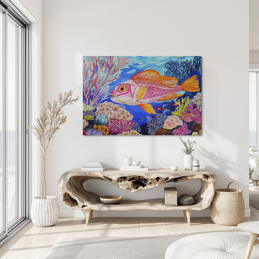 Framed Wall Art: Vibrant fish painting in a coastal interior. Colorful coral reef scene with a blue, pink, and orange palette. Perfect for adding art to your home.