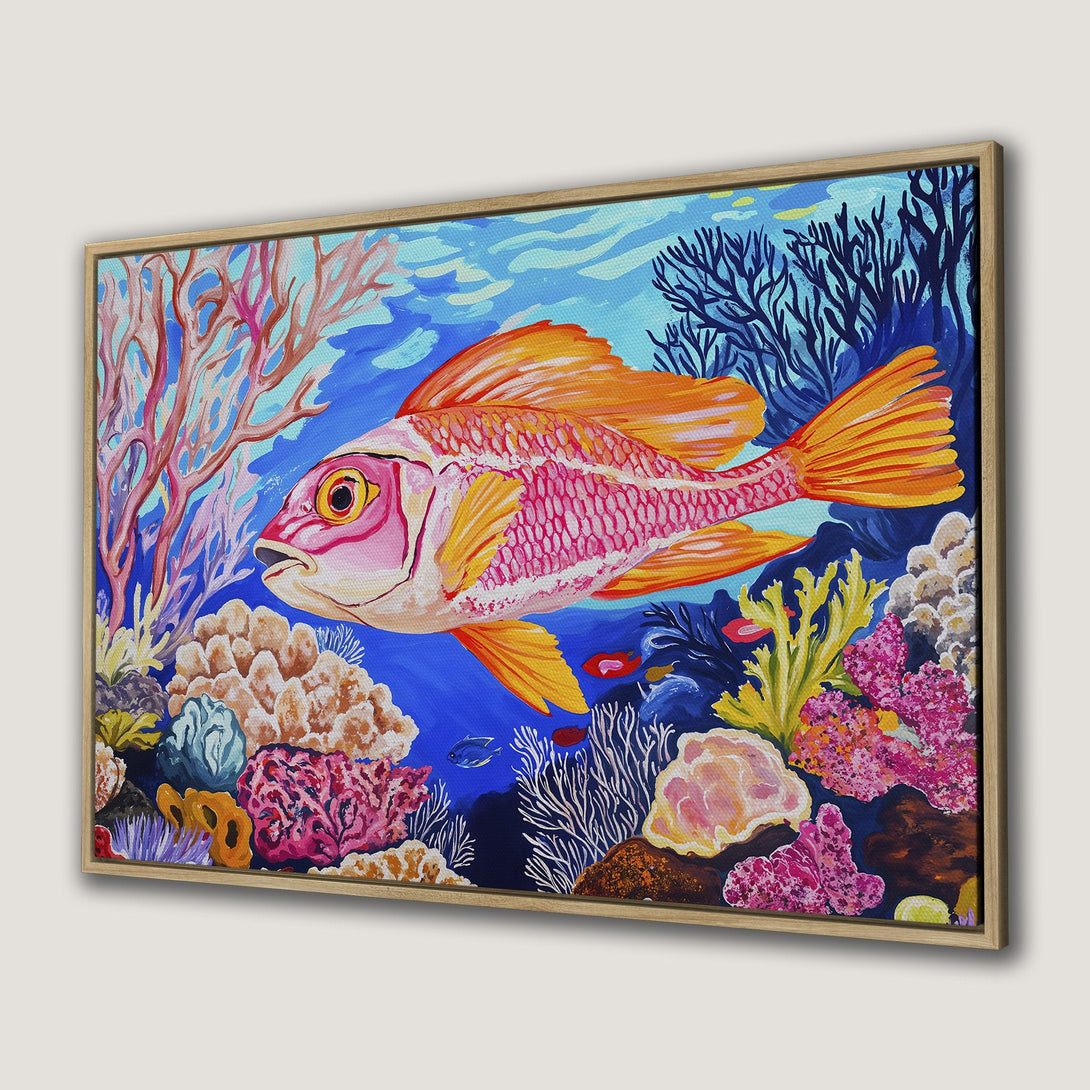 Framed Wall Art: Vibrant underwater scene with a colorful fish and coral. Bold, artistic style with a blue, orange, and pink palette. Perfect for coastal decor.