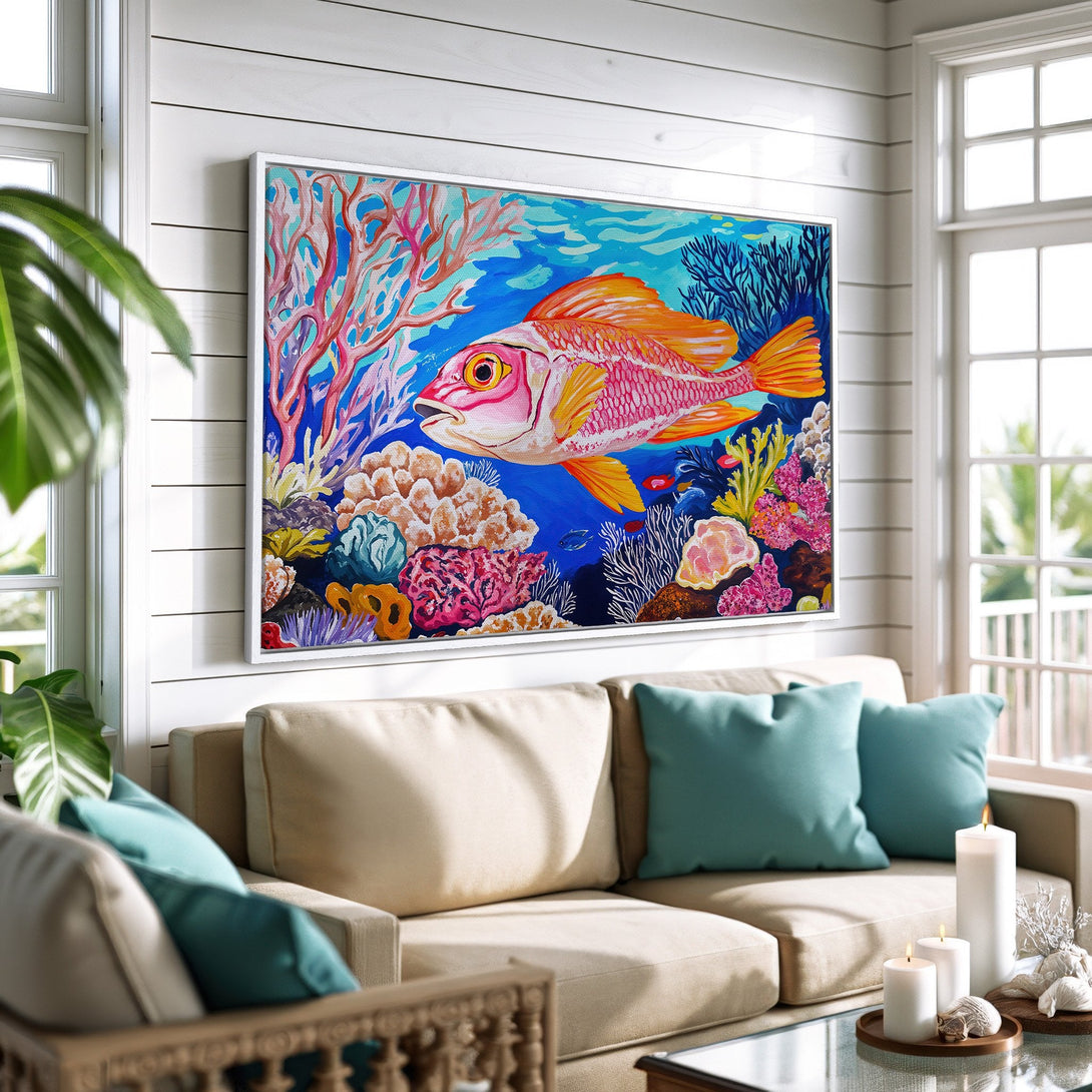 Framed Wall Art: Vibrant underwater scene Canvas Print with a colorful fish, coral, and a blue and pink palette. Perfect for coastal decor.