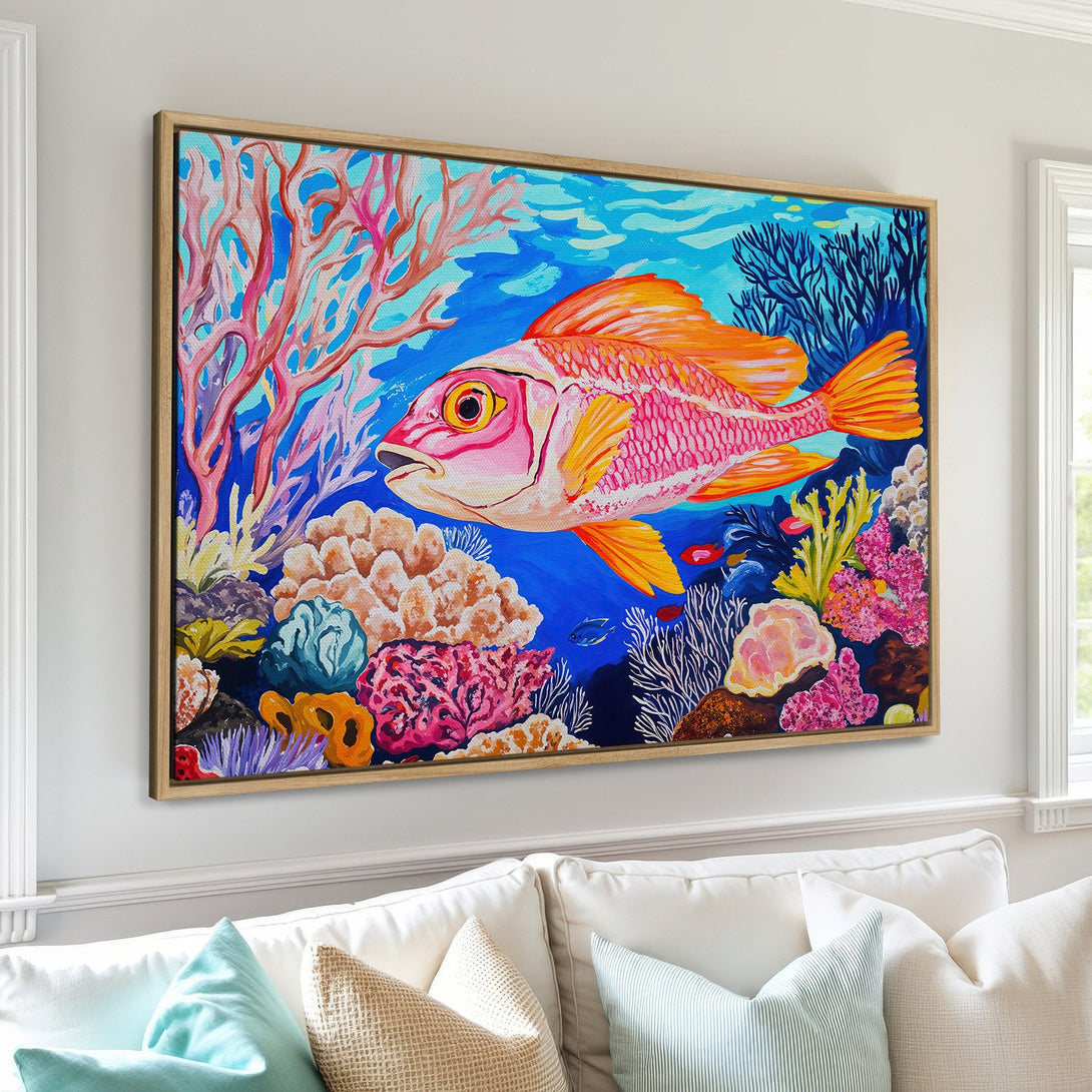 Framed Wall Art: Vibrant fish painting in a colorful coral reef. Coastal style art with a bold blue, pink, and orange palette. Perfect for adding a pop of color!
