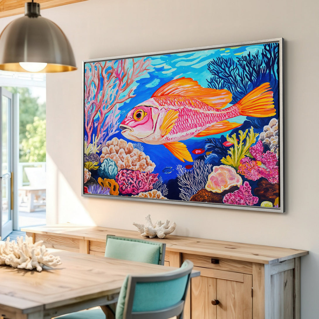 Framed Wall Art: Vibrant fish painting in a coastal style. Features a bright blue, pink, and orange color palette. Perfect for adding a pop of color to your home!
