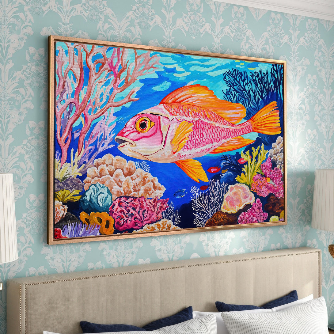 Framed Wall Art: Vibrant fish painting in a colorful coral reef scene. Bold, impressionistic style with a bright blue, pink, and orange palette. Perfect for coastal decor.