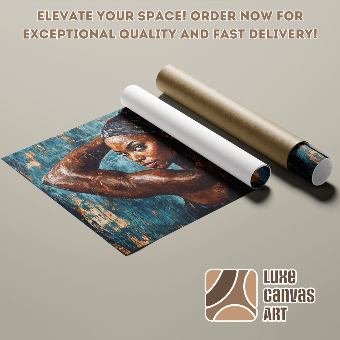 Abstract art poster roll featuring a woman, teal & brown palette. Elevate your space!