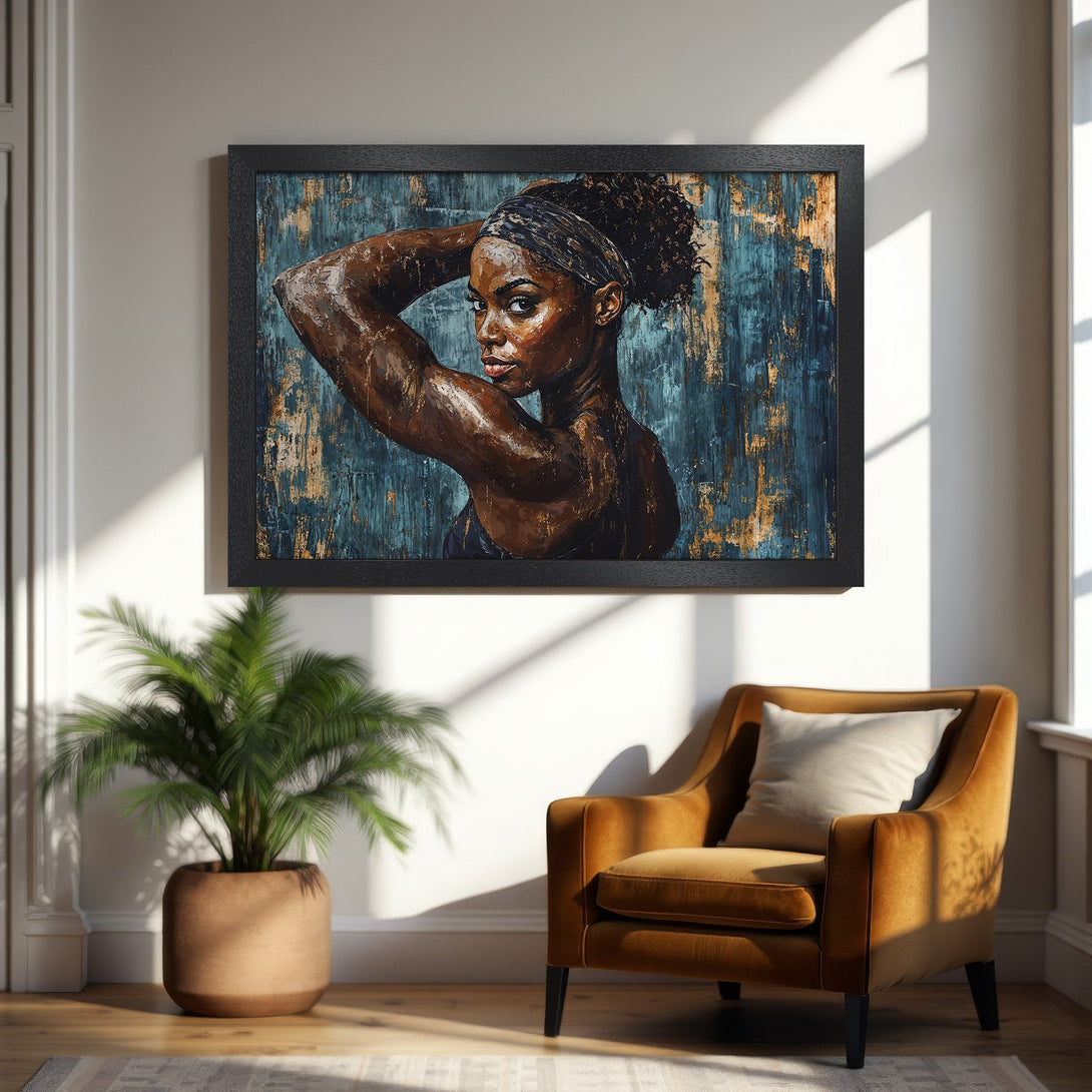 Framed Poster featuring a beautiful Black woman, oil painting style, with a teal and gold color palette. Add art to your space!