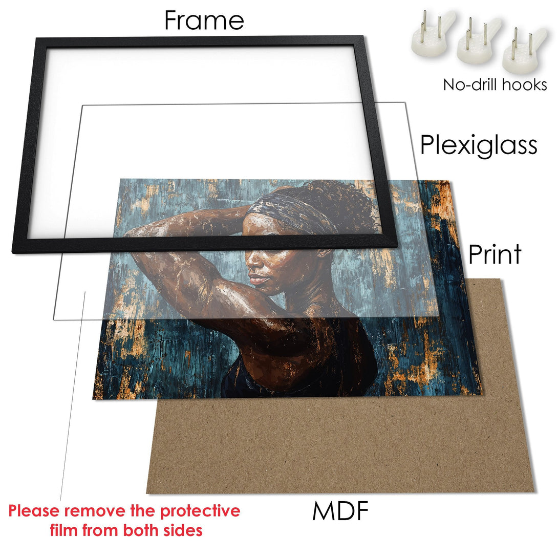 Framed Poster featuring a woman in a striking, textured style with a teal and gold color palette. Perfect wall art!