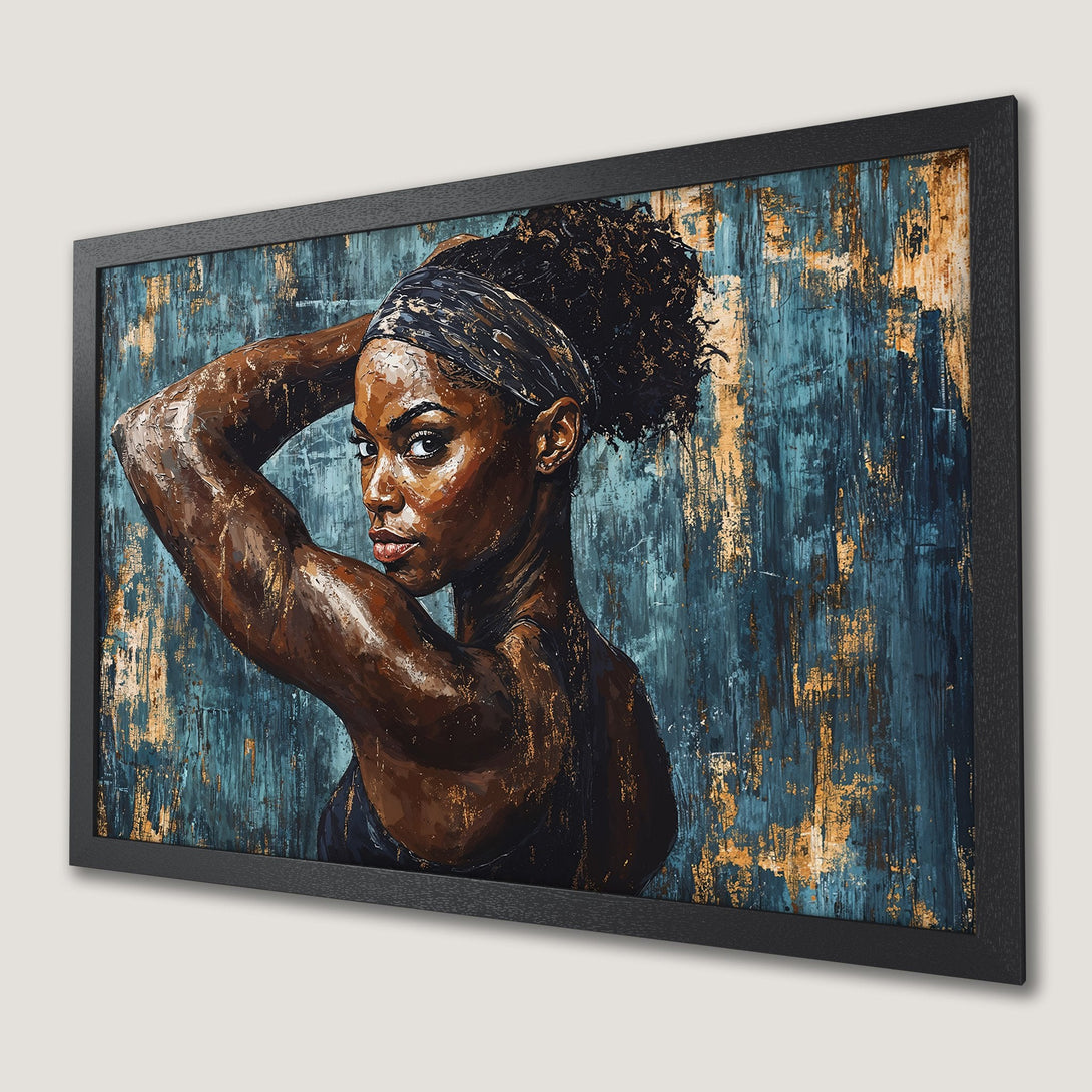 Framed Poster of a Black woman with an abstract style and a teal and gold color palette. Perfect wall art.