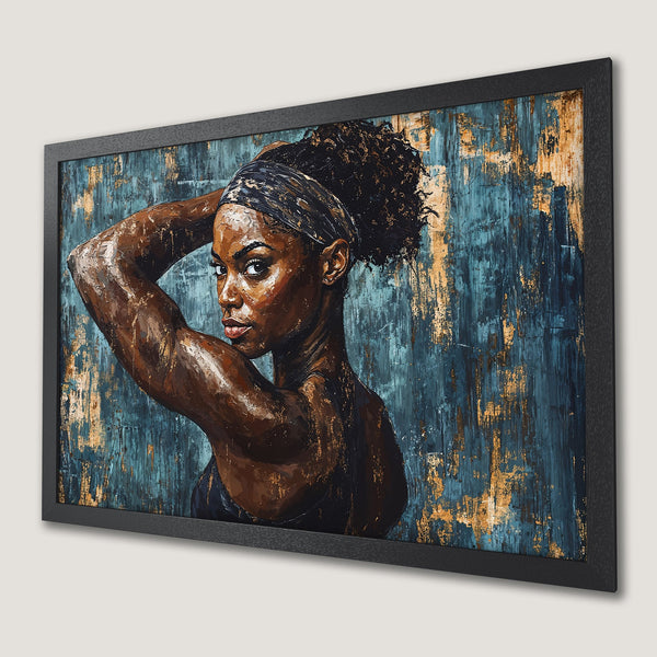 Framed Poster of a Black woman with an abstract style and a teal and gold color palette. Perfect wall art.