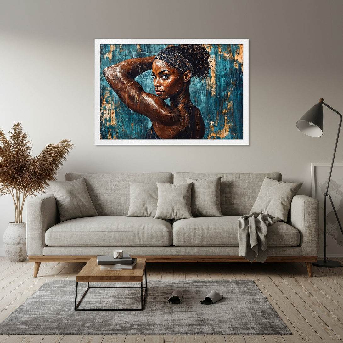 Framed Poster featuring a beautiful woman in an abstract style. Earthy tones of brown and teal create a stunning piece of art.