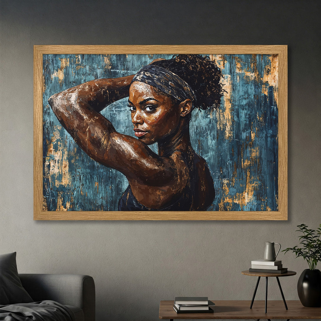 Framed Poster featuring an elegant woman. Abstract art style with a blue, gold, and brown color palette. Perfect wall art for your home.