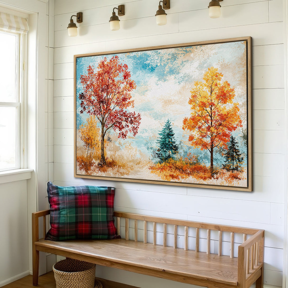 Framed Wall Art: Autumn landscape Canvas Print with vibrant red, orange, and yellow trees against a blue sky. Perfect for adding warmth to your home.