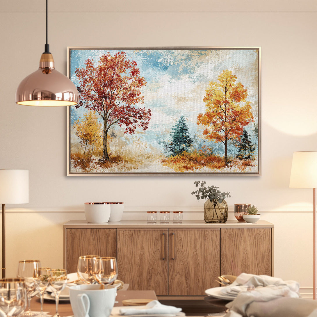 Framed Wall Art: Autumn landscape Canvas Print with vibrant red, yellow, and blue hues. Perfect for adding warmth and style to your home decor.