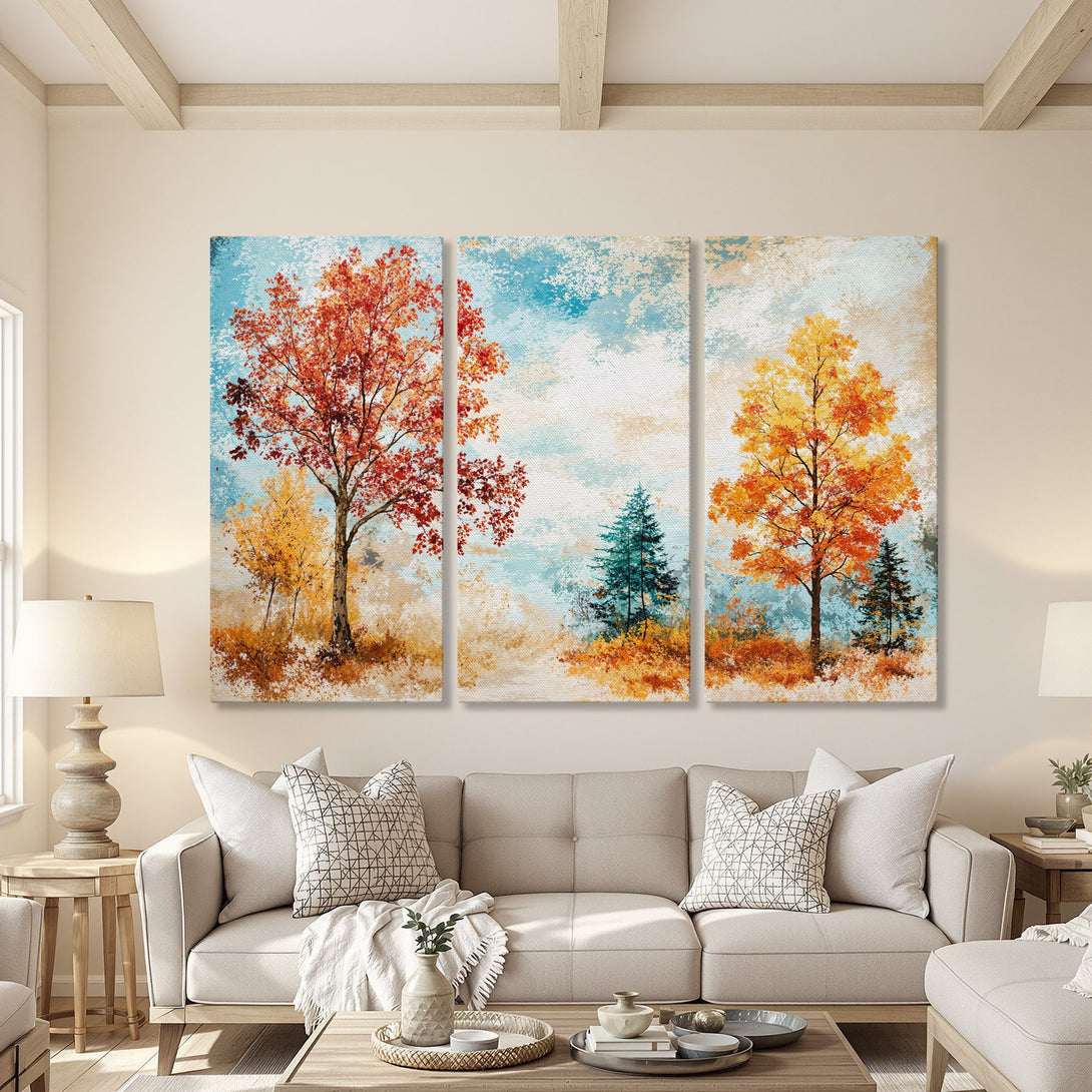 Canvas Print set of autumn trees in warm red, orange, and yellow hues. Modern abstract style wall art, perfect for living room decor.