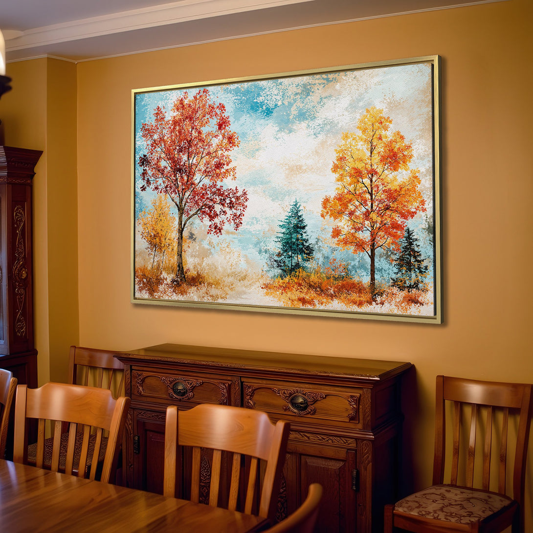 Canvas Print of autumn trees in warm orange and red tones, displayed in a cozy living room. Perfect for adding a touch of nature to your home decor!