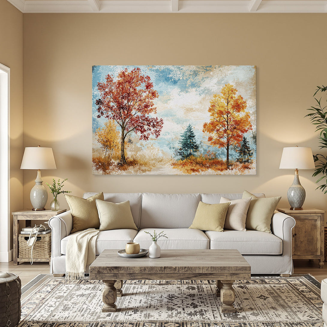 Framed Wall Art: Autumn landscape canvas print with vibrant red, orange, and yellow trees. Perfect for adding warmth to your home decor.