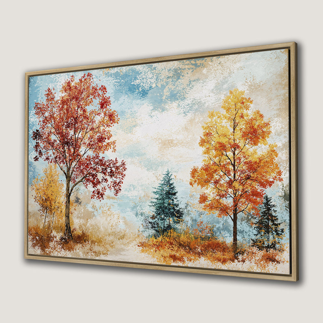 Framed Wall Art: Autumn landscape Canvas Print with vibrant red, orange, and yellow trees against a textured blue sky. Perfect fall decor!