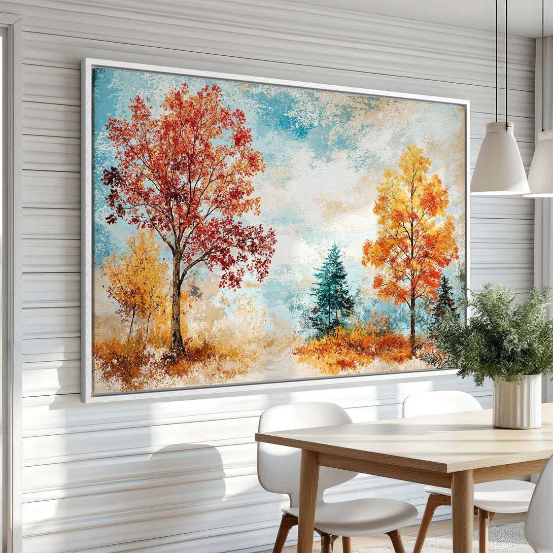 Framed Wall Art featuring an autumn landscape painting with vibrant red, orange, and blue hues. Perfect for adding warmth and style to your home decor.