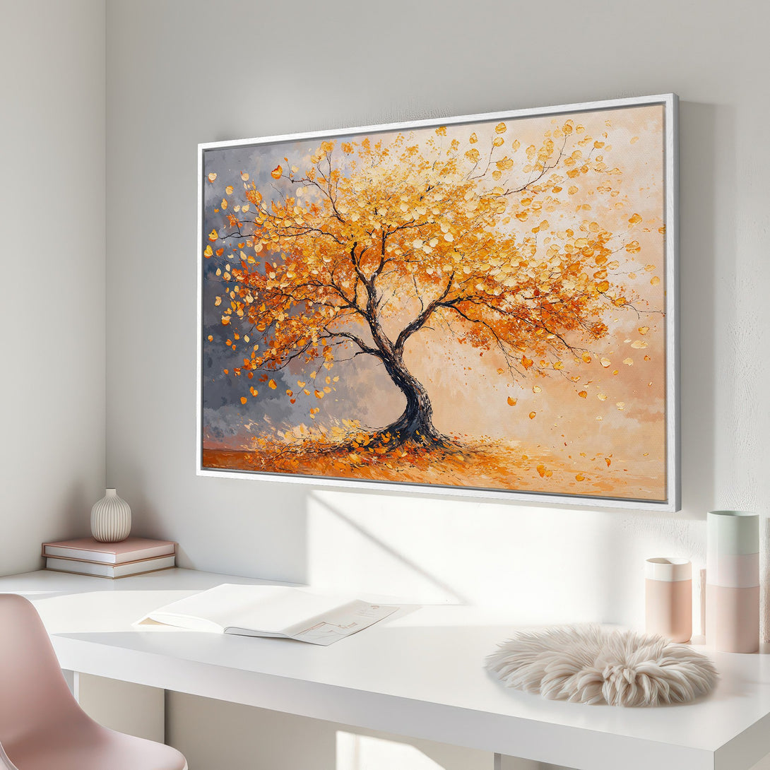 Framed Wall Art: Abstract autumn tree painting in warm orange and gray tones. Perfect for adding a touch of nature and style to your home decor.