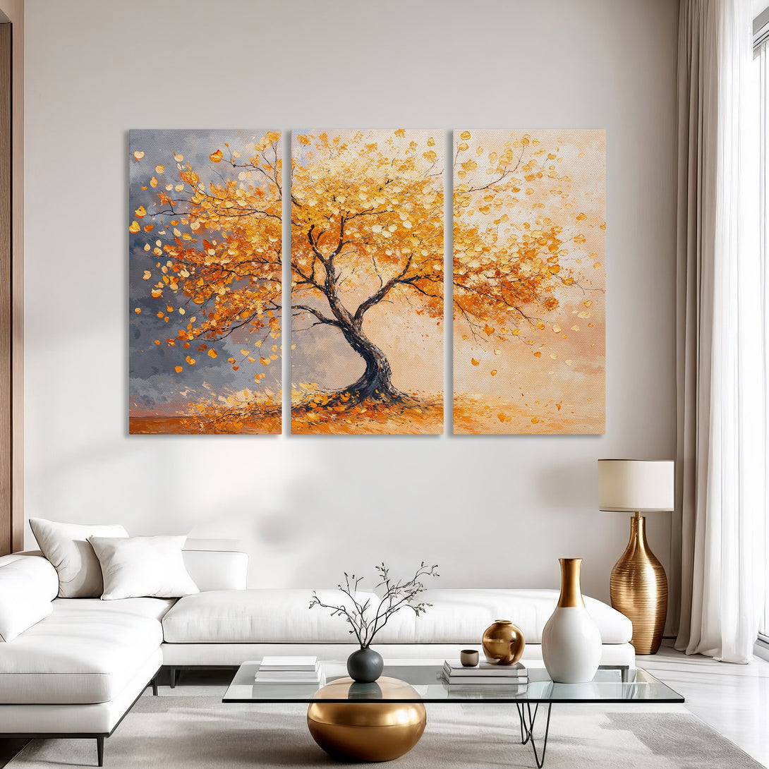 Canvas Print of a vibrant tree in autumn colors. Warm gold and orange palette, impressionistic style. Perfect for living room decor.