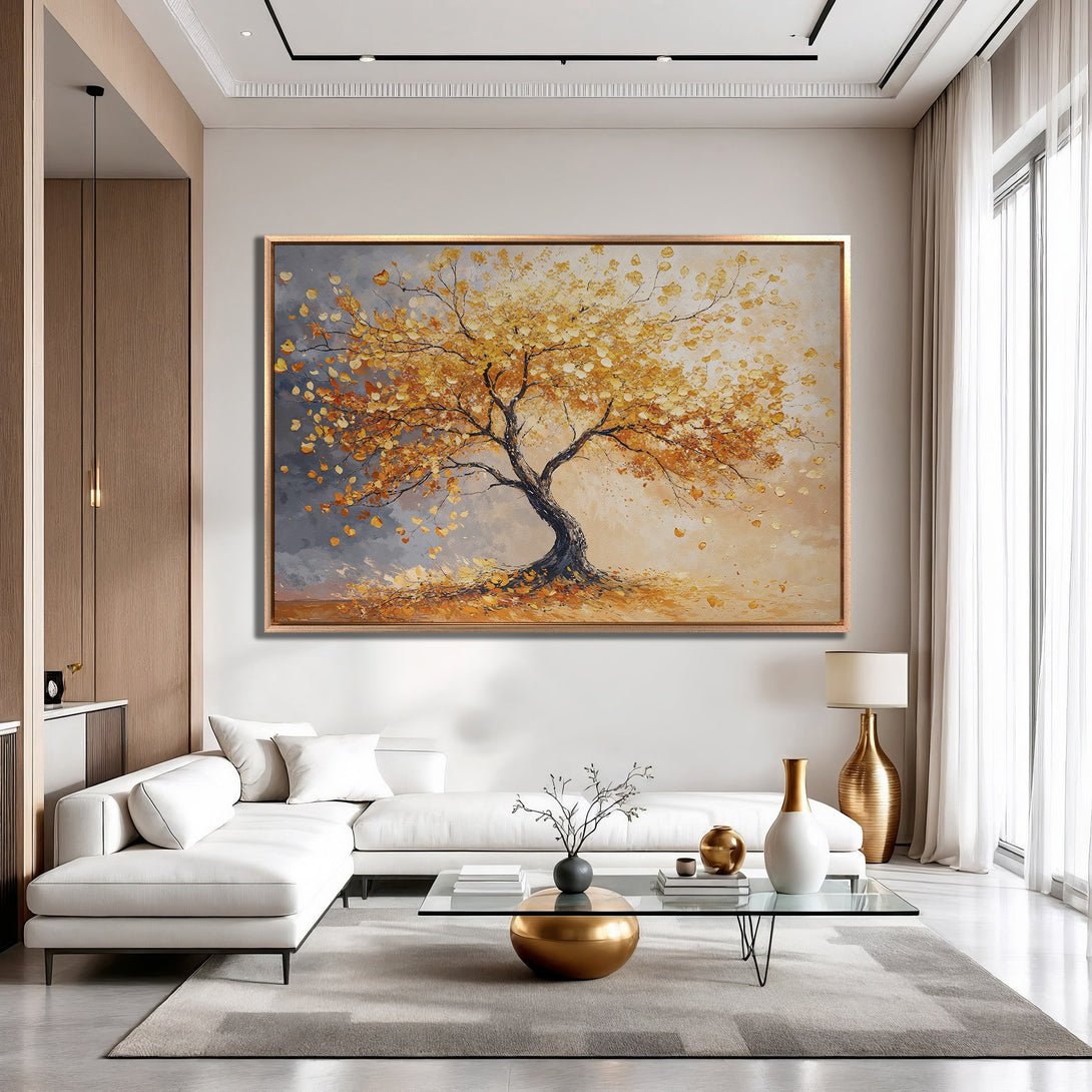 Framed Wall Art: Stunning autumn tree painting with warm gold, orange, and gray tones. Perfect for adding a touch of nature and elegance to your space.