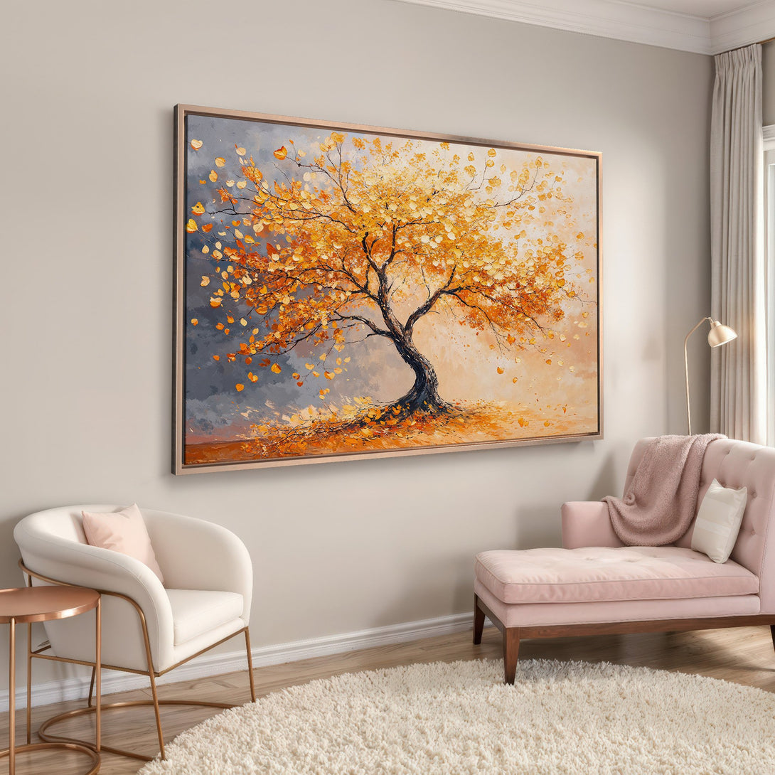 Framed Wall Art featuring a vibrant, impressionistic tree painting in warm orange and yellow tones. Adds a touch of nature to any interior.