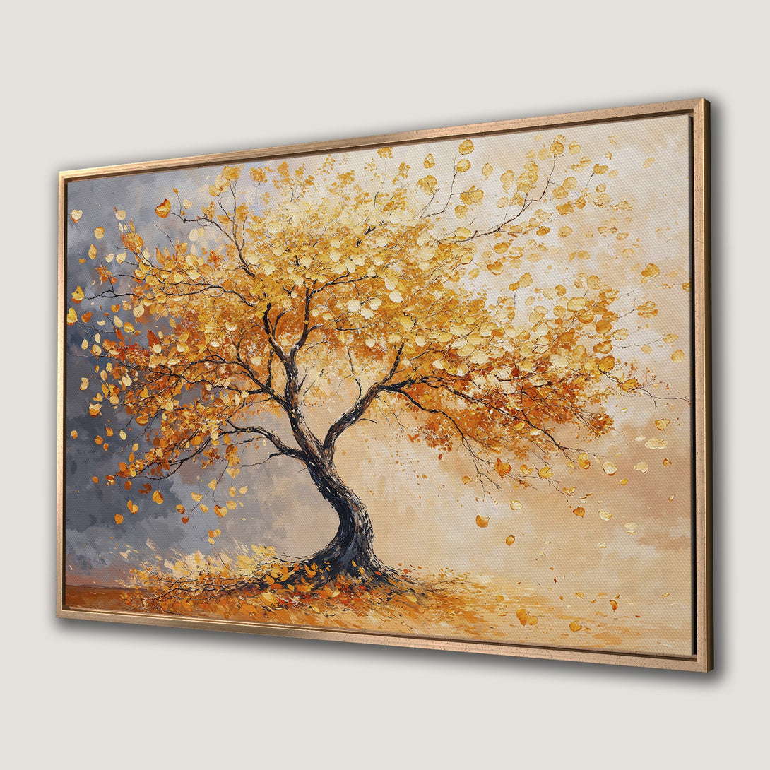 Framed Wall Art: Stunning autumn tree canvas print. Warm orange and yellow palette. Perfect for adding a touch of nature and art to your home decor.