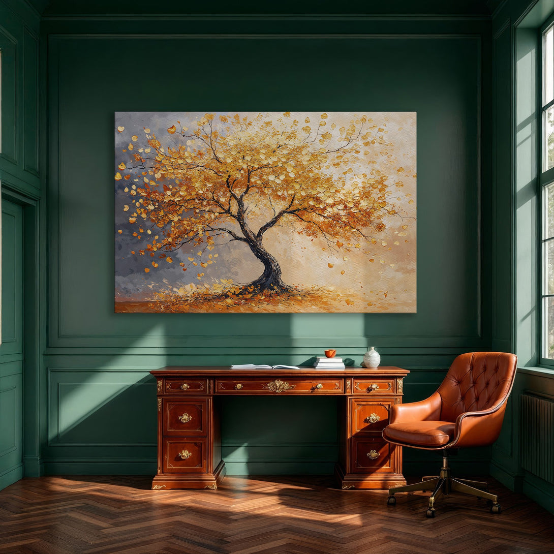 Framed Wall Art: Abstract tree painting with warm orange and gold hues. Perfect for dining rooms. Enhance your space with this stunning canvas print.