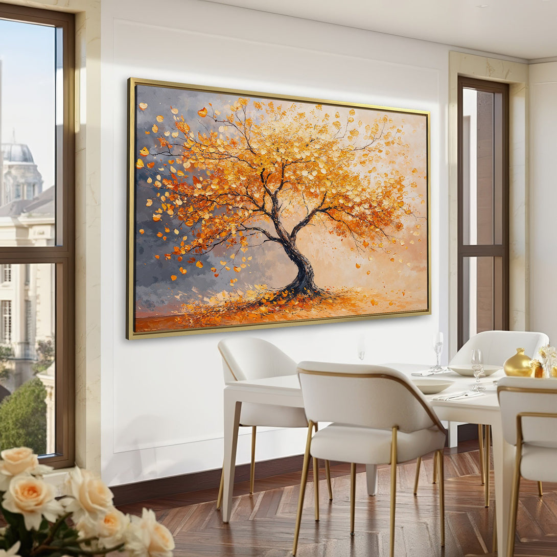 Canvas Print of an autumn tree painting in warm gold and orange tones. Modern wall art for a cozy interior.