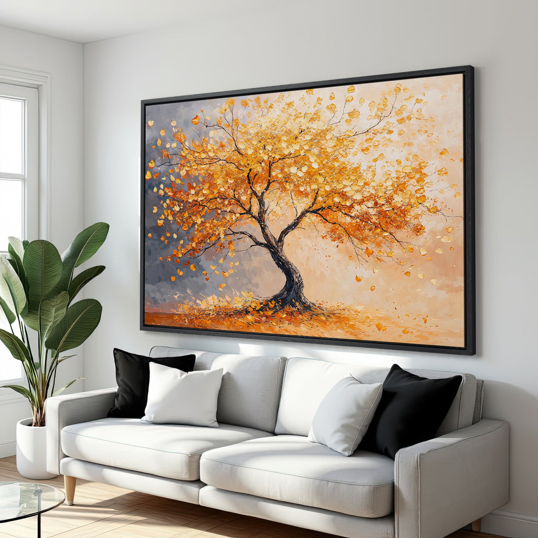 Framed Wall Art: Abstract tree painting in warm orange and gray tones. Perfect for adding a touch of autumn to your home decor.