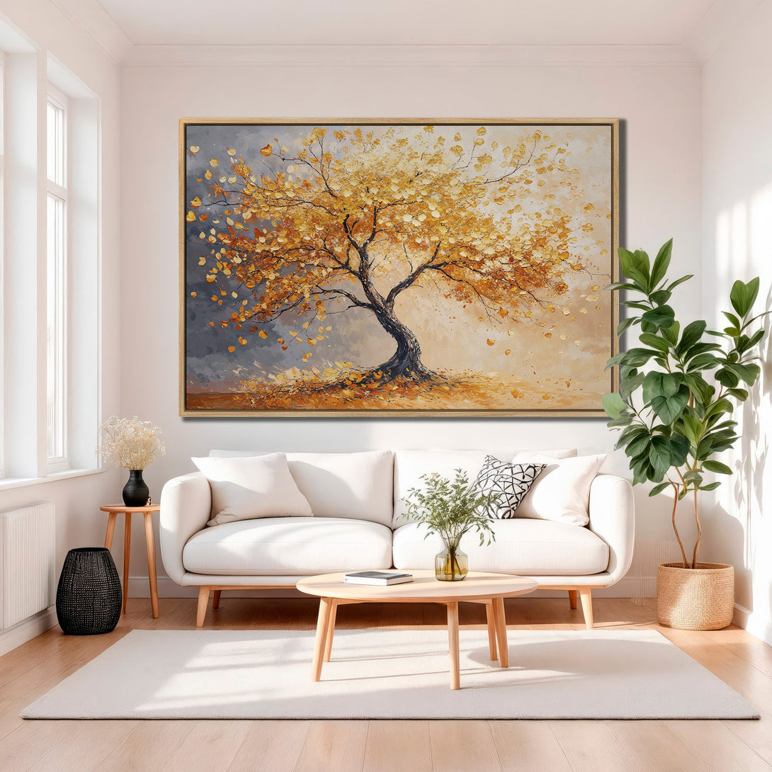 Framed Wall Art: Stunning autumn tree canvas print in warm orange and gray tones, perfect for adding a touch of nature and elegance to your living room.