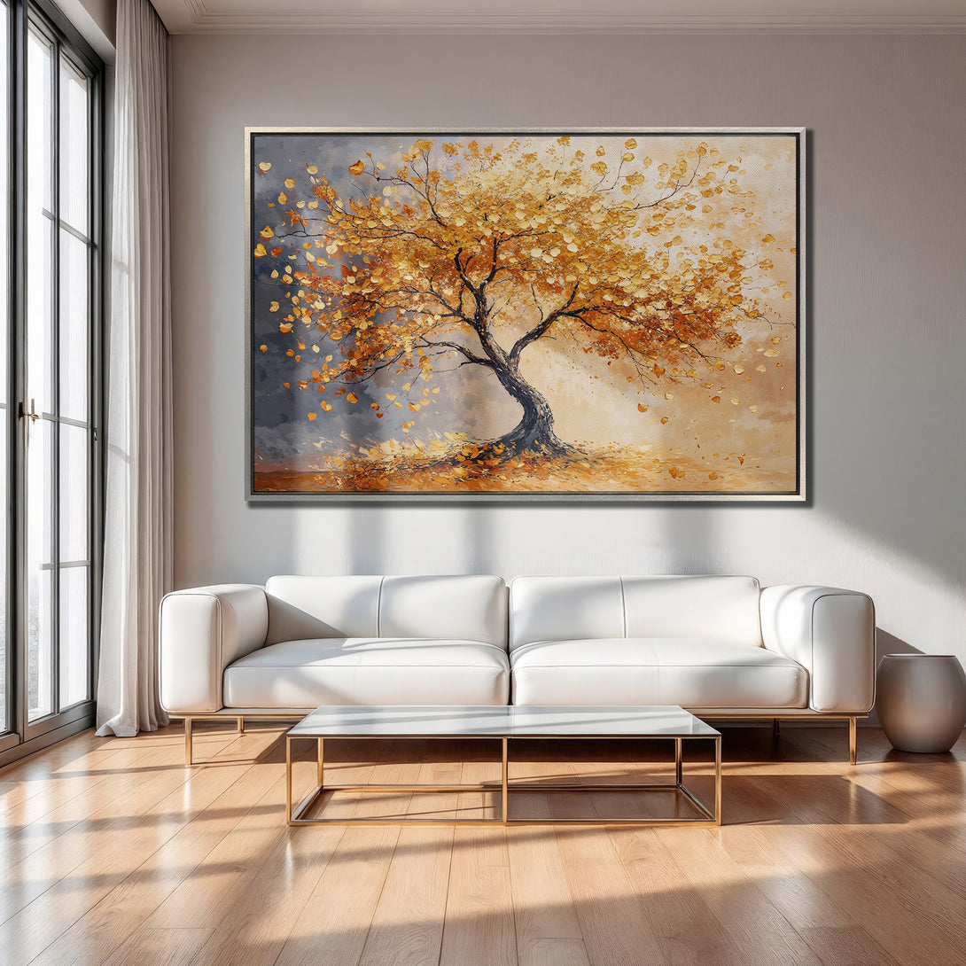 Framed Wall Art: Abstract tree painting in warm orange and gray tones. Modern art canvas print adds elegance to living room decor.