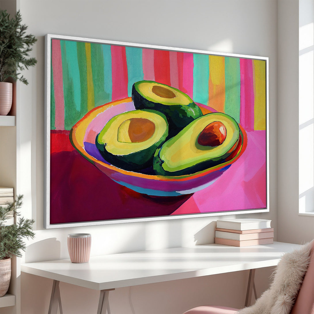 Framed Wall Art: Vibrant avocado still life painting with colorful stripes. Modern art canvas print in a bright, bold color palette. Perfect kitchen decor!