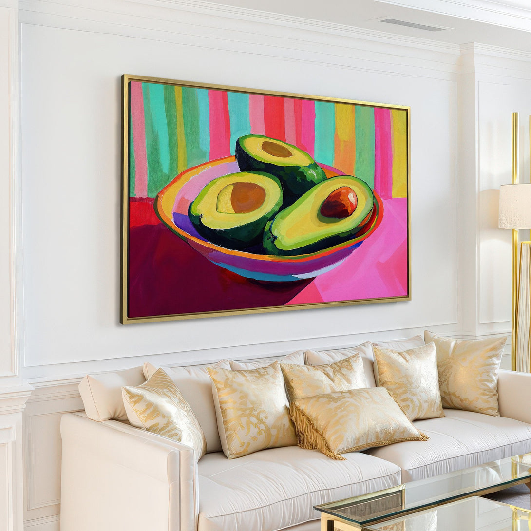 Canvas Print of vibrant avocado painting in a modern interior. Colorful, abstract style with pink, green, and yellow hues. Perfect wall decor!