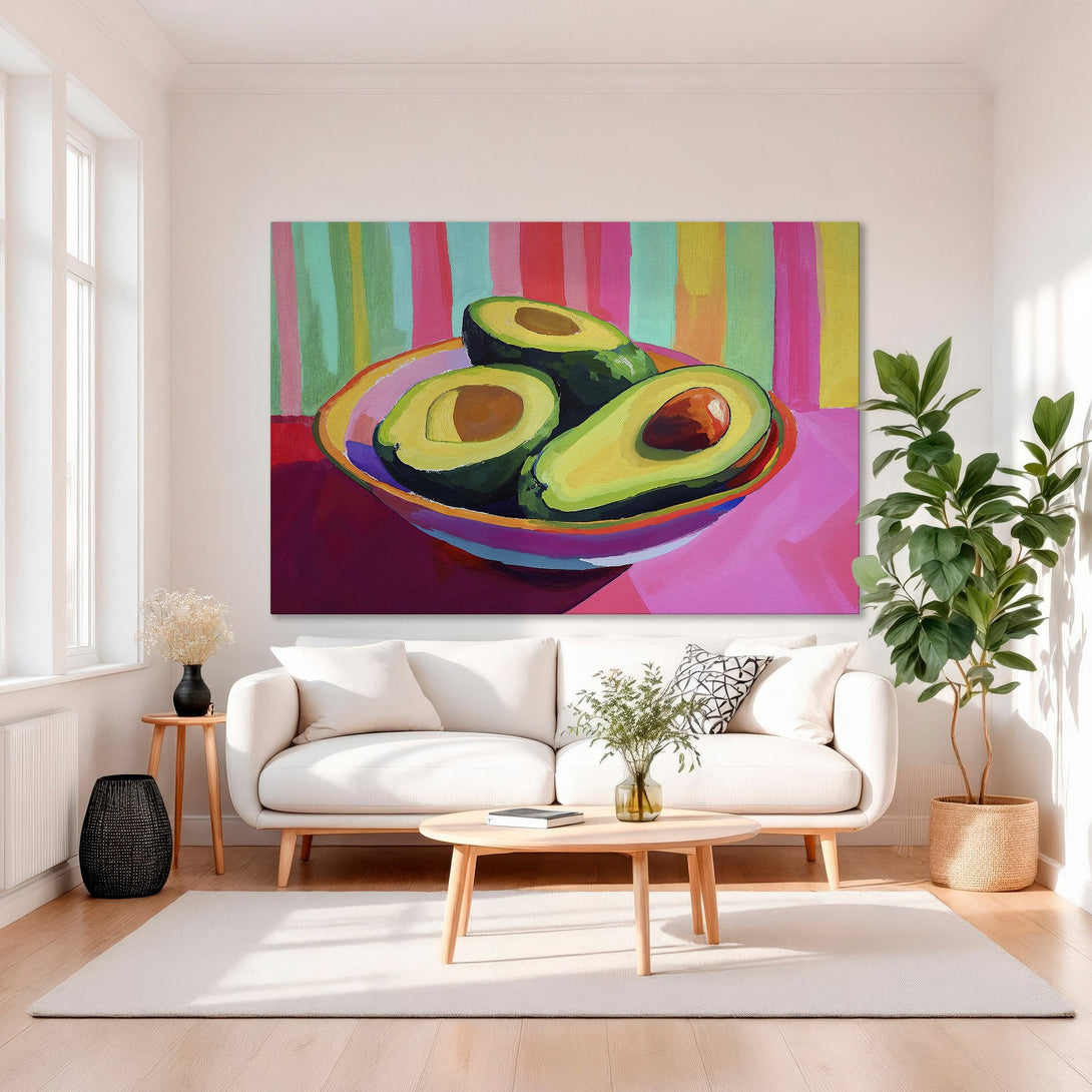 Framed Wall Art: Vibrant avocado painting with a colorful, striped background. Modern, bold art with a bright pink, green, and yellow palette. Perfect for kitchen or dining room.