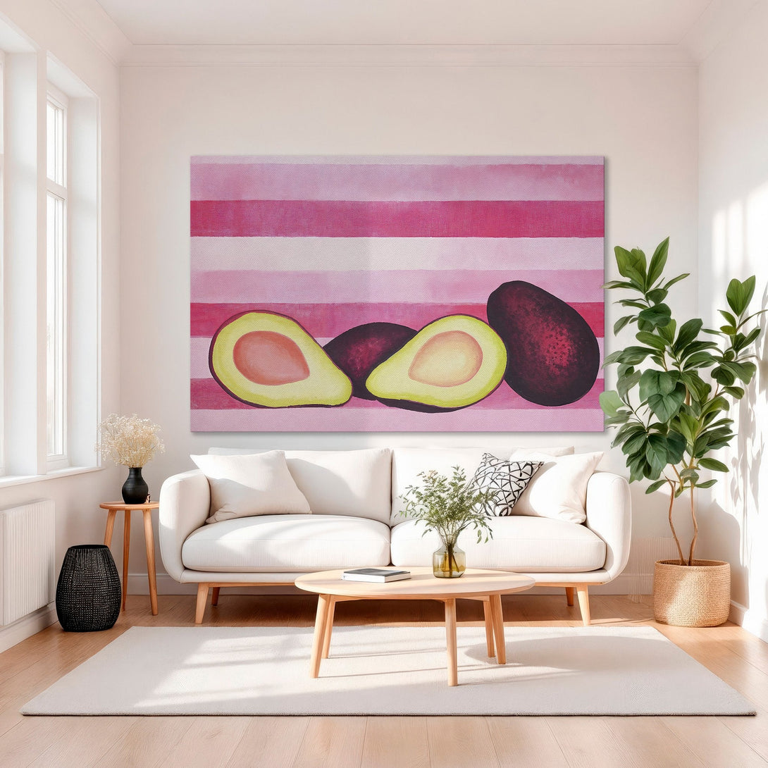 Framed Wall Art: Modern avocado painting in pink and green hues. Adds a pop of color and fresh style to any living room. Shop now!
