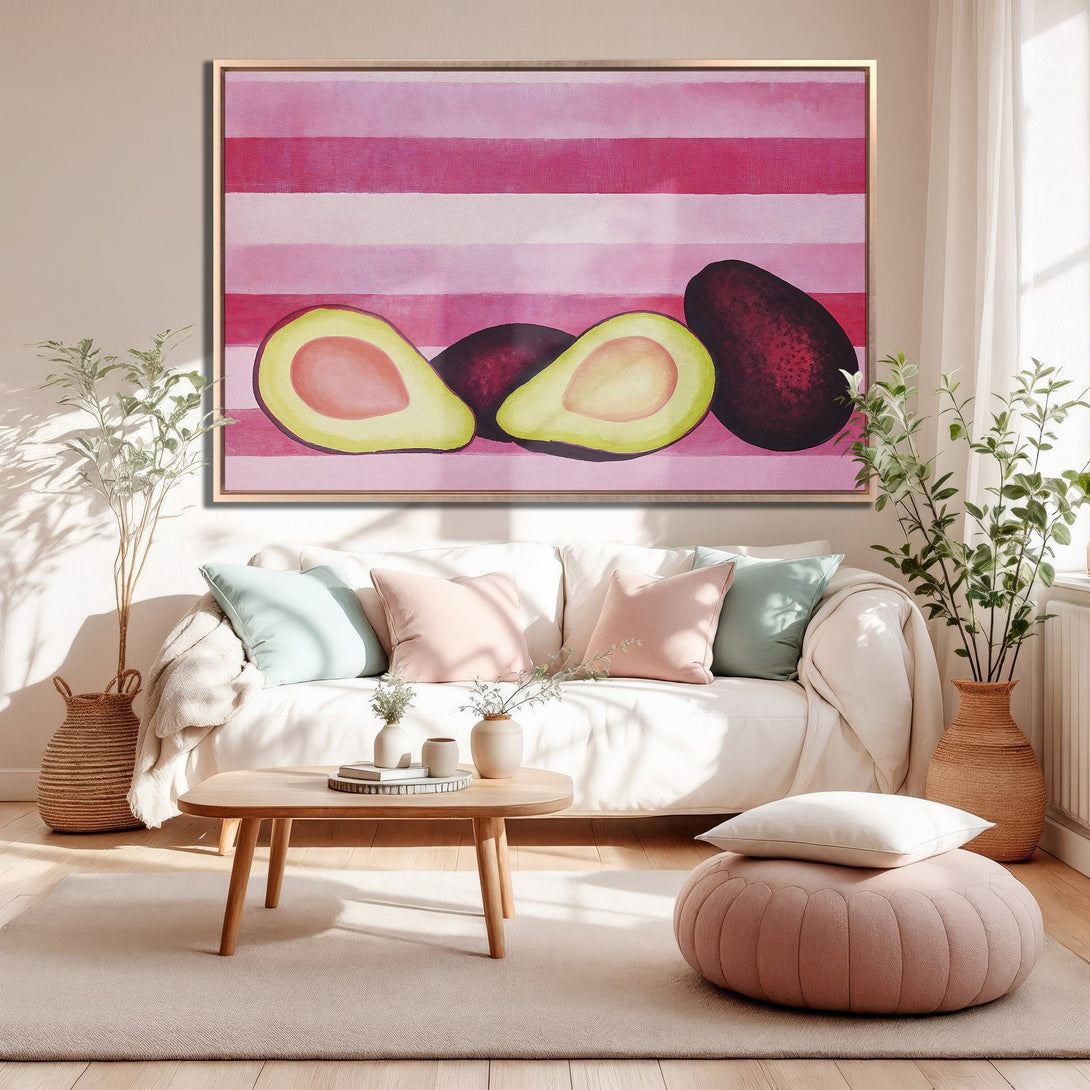 Framed Wall Art: Abstract avocado painting in pink and red hues. Modern art canvas print adds a pop of color to any interior space.