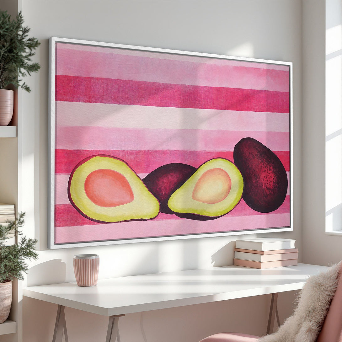 Framed Wall Art featuring avocado painting in a pink and red color palette. Modern art for your home decor. Shop now!