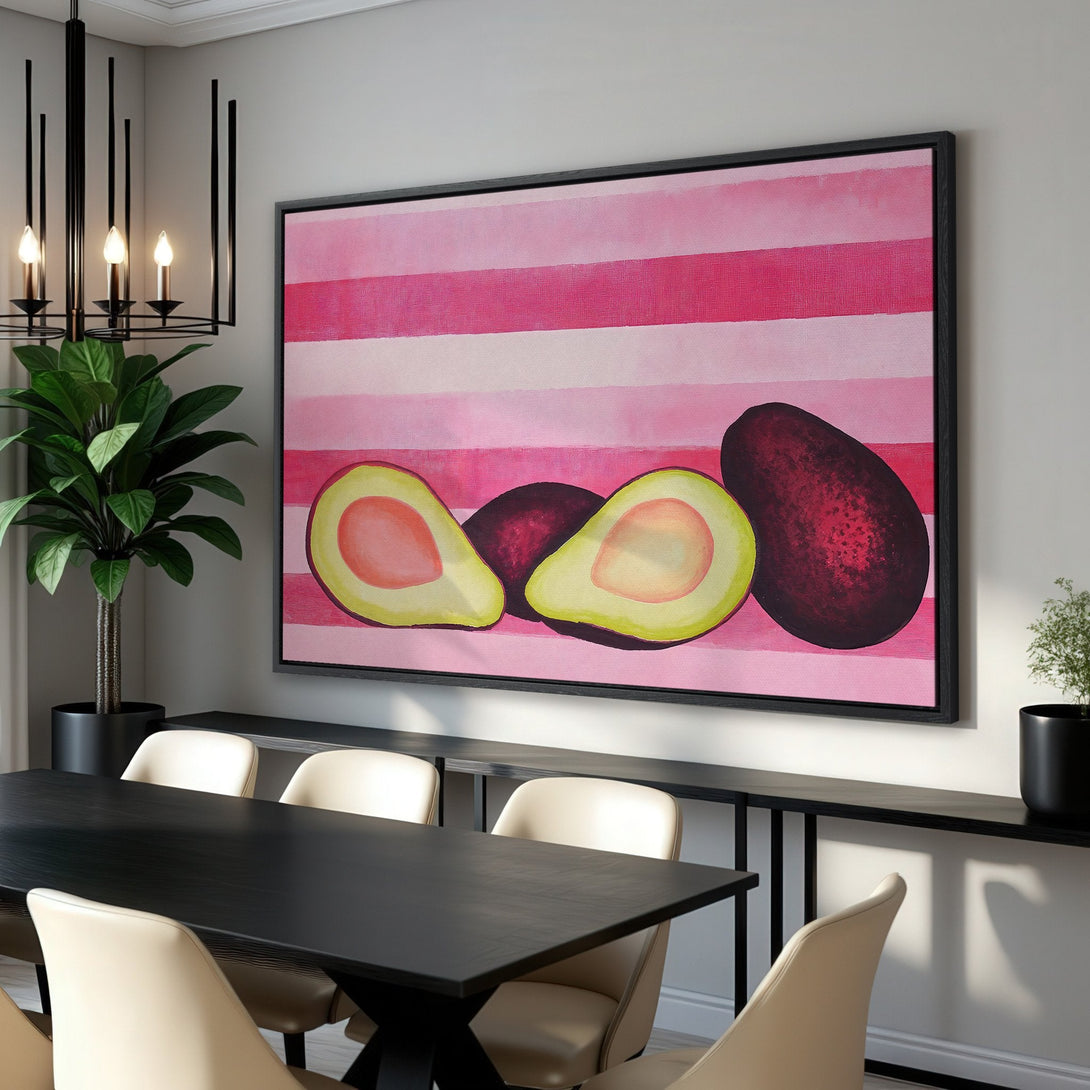 Framed Wall Art: Modern avocado painting in pink and red hues. Perfect for kitchen or dining room decor. Adds a pop of color and style.